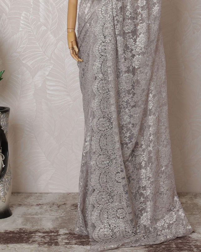 Light lilac, gold, silver Premium pure metallic French chantilly lace saree in floral design-D14914