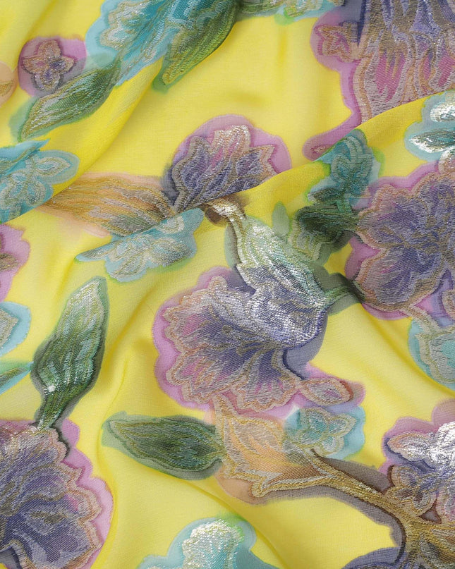 قماش شيفون من الحرير الخالص باللون الأصفر الليموني مع طباعة يدوية متعددة الألوان ولوريكس معدني بتصميم زهور-D10428