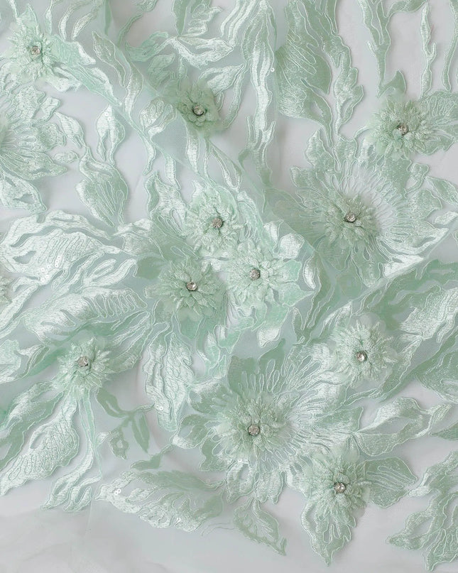 Mint green nylon tulle fabric with same tone embroidery having stone work in floral design-D11708 Regal Fabrics
