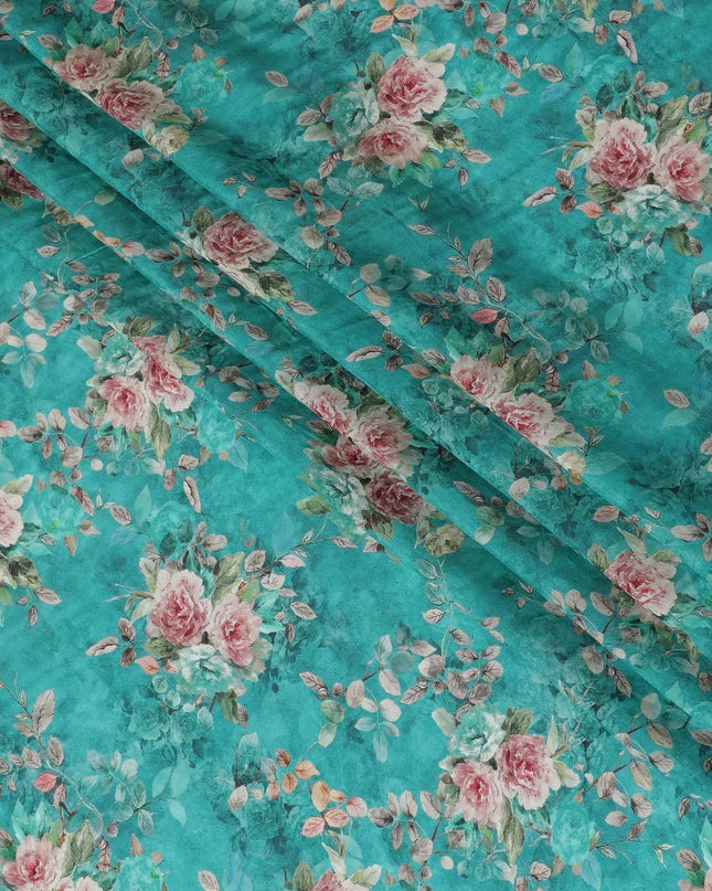 Fountain blue viscose crepe fabric with multicolor print in floral design-D11071 Regal Fabrics