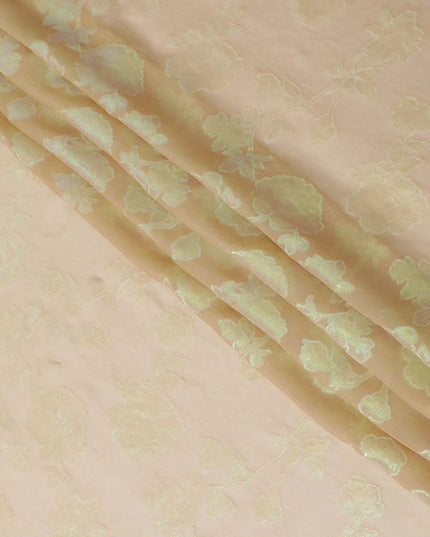 قماش الشيفون الحريري الخالص الفاخر باللون البيج اللاتيه مع اللوريكس المعدني باللون الأخضر النيون بتصميم الأزهار-D12420