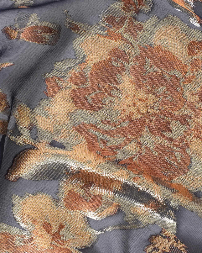 قماش شيفون من الحرير الخالص باللون الأزرق الداكن مع الفيسكوز النحاسي والوركس المعدني الذهبي بتصميم الأزهار-D12517