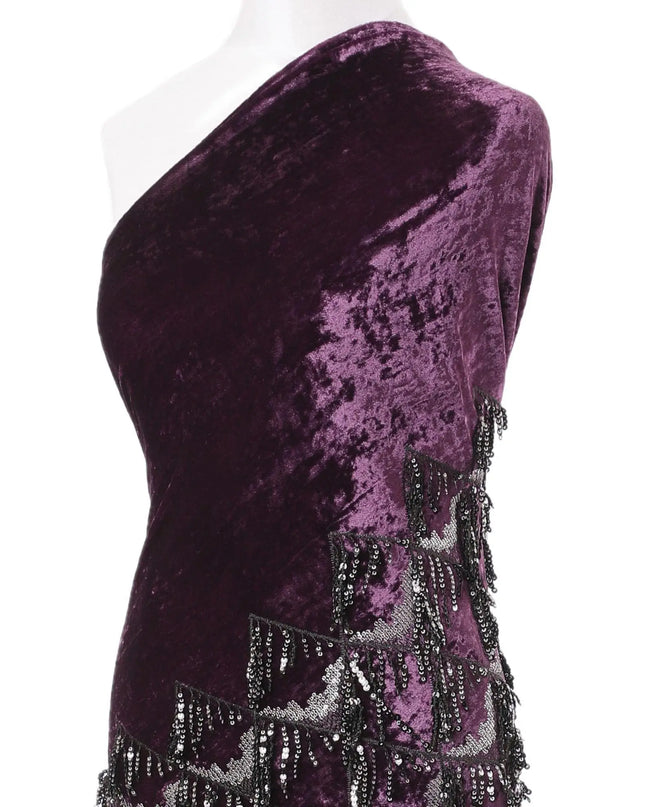 Plum purple silk blended velvet fabric with black embroidery having black and silver sequins in fancy design-D6090 Regal Fabrics