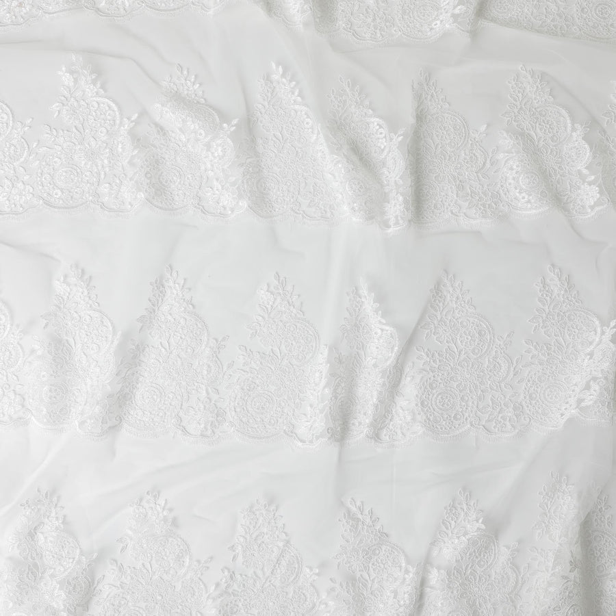 Off white nylon tulle fabric with same tone embroidery in fancy design-D6002