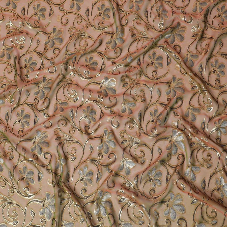 قماش من الشيفون الحريري النقي المتغير باللون البني الفاخر مع الفيسكوز الأسود والأخضر الغامق مع اللوريكس المعدني الذهبي بتصميم الأزهار - D14644