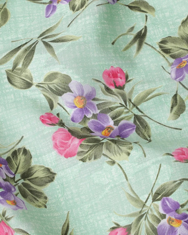 Tea green cotton voile fabric with same tone jacquard having purple, hot pink and olive green print in floral design-D6311 Regal Fabrics