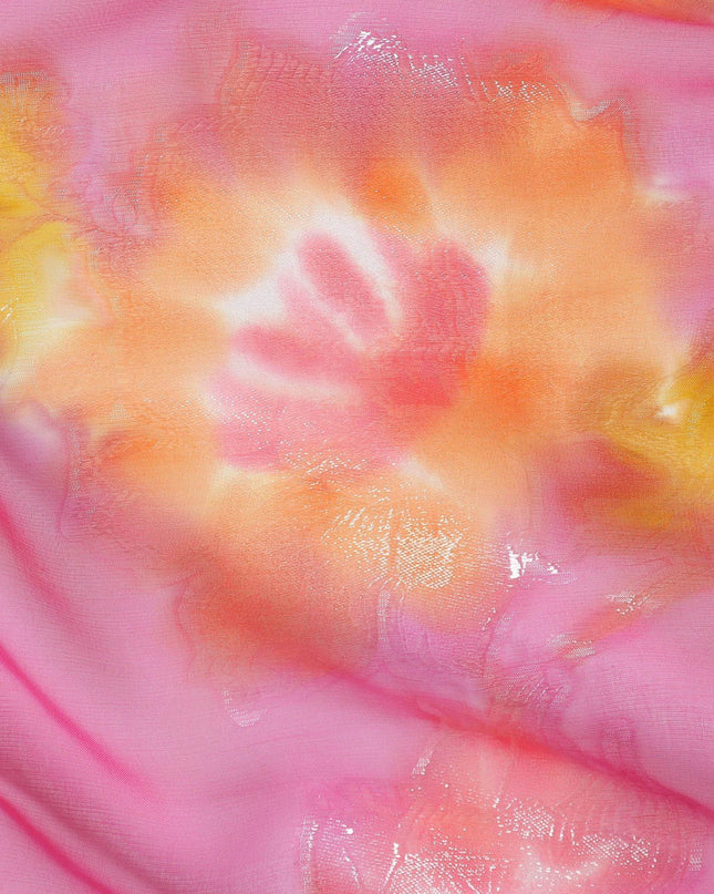 شيفون من الحرير الخالص مطبوع يدويًا باللون الأرجواني الأرجواني مع لوريكس معدني ذهبي ومطبوعات متعددة الألوان بتصميم الأزهار-D11391