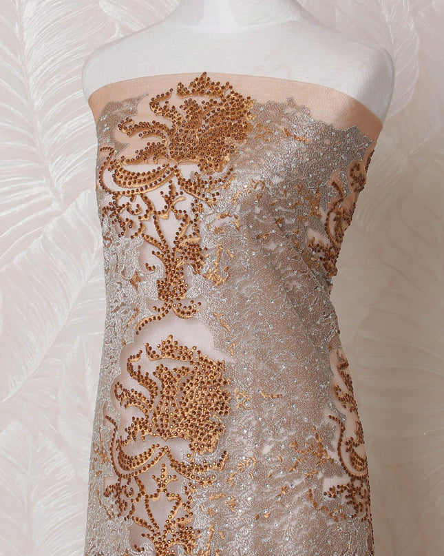 قماش تول نايلون بني نحاسي بنفس اللون، تطريز فضي به أعمال حجرية بتصميم فاخر -D14744