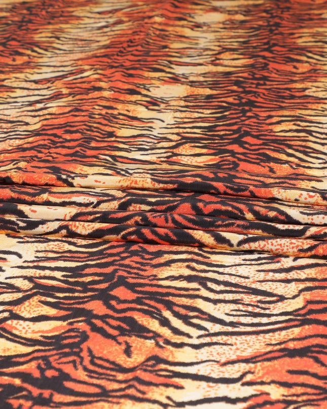 Beige premium pure silk crepe fabric with orange and black print in animal skin design-D9389