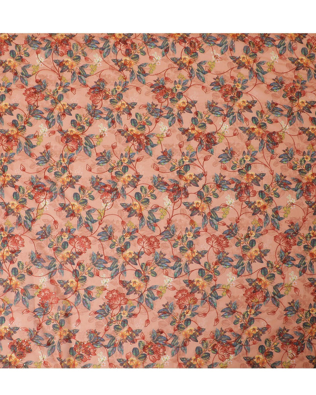 قماش فوال من القطن الخالص باللون البرتقالي الصدئ مع طباعة متعددة الألوان مع تطريز وترتر بتصميم زهور-D13240