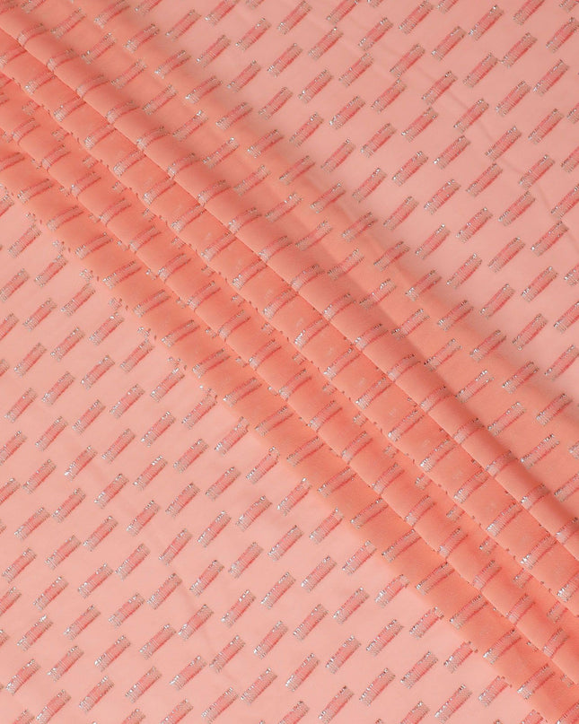 قماش شيفون حريري فرنسي (فرنساوي) فاخر من سمك السلمون والخوخ مع نفس اللون من الفسكوز والوركس المعدني الذهبي والفضي بتصميم فاخر - D14220