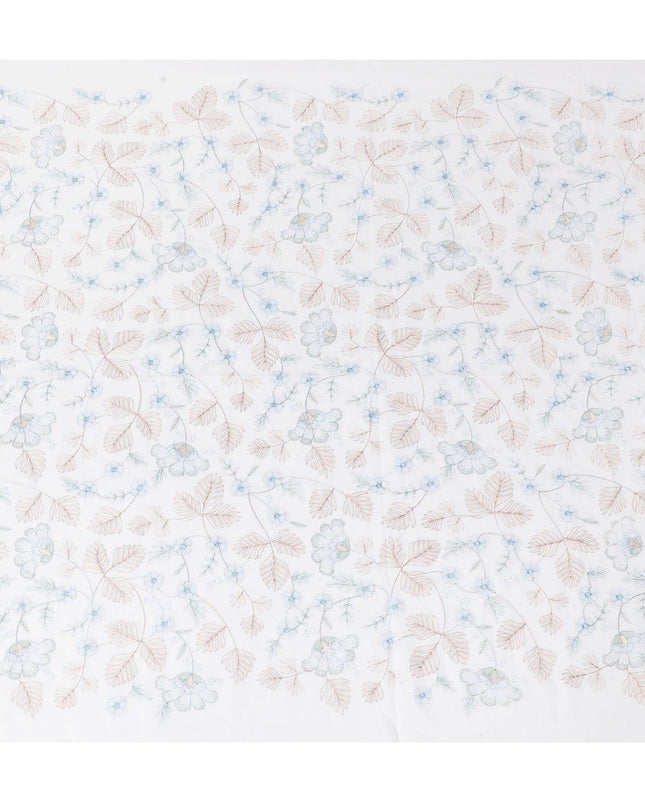 قماش فوال من القطن الخالص الأبيض الفاخر مع تطريز باللونين البني والأزرق الفاتح بتصميم الأزهار-D15233