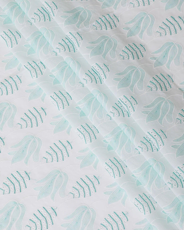 White cotton voile fabric with same tone and turquoise green embroidery in Leaf design-D9772