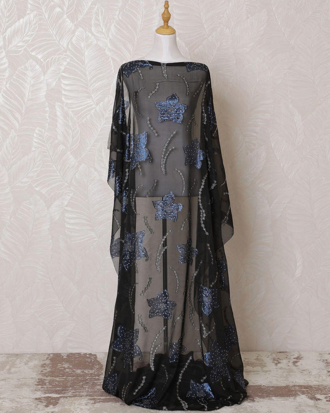 Black Premium pure French (Fransawi) silk chiffon dirac fabric with grey viscose having blue metallic lurex and stone work in floral design-D15132