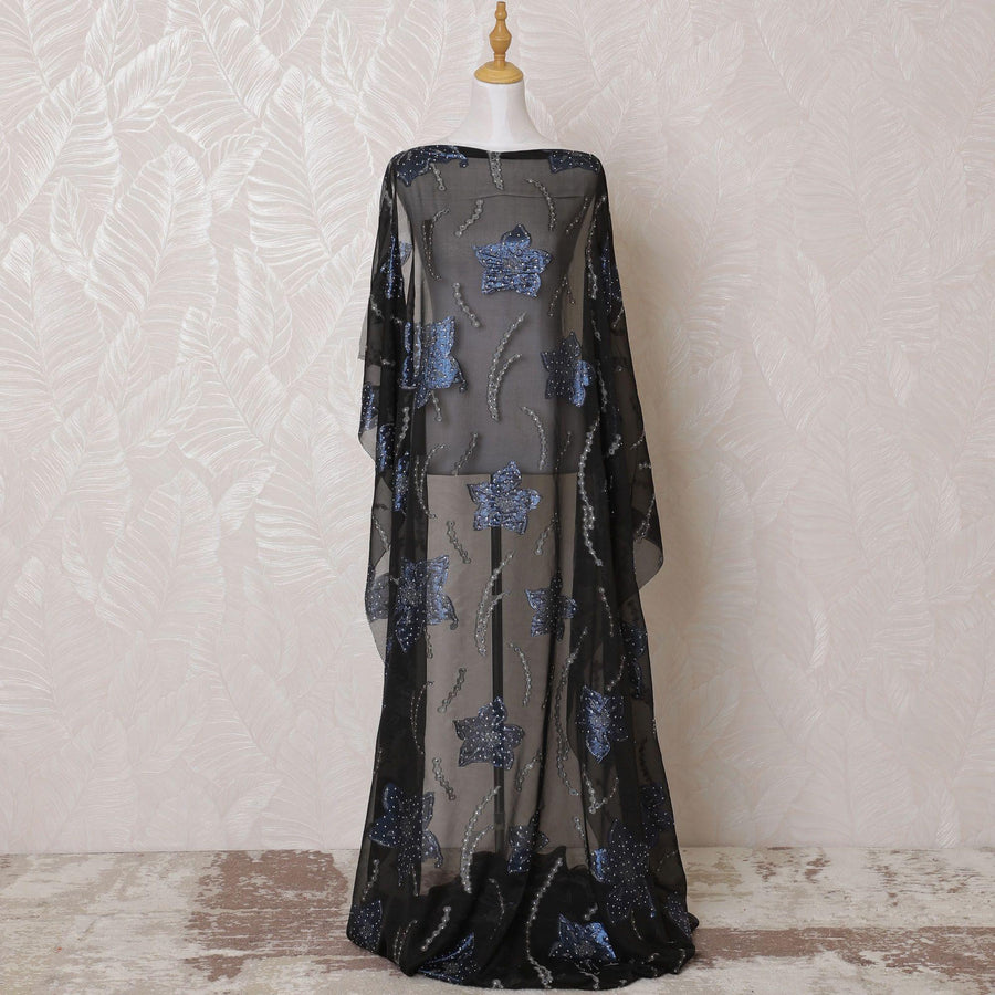 Black Premium pure French (Fransawi) silk chiffon dirac fabric with grey viscose having blue metallic lurex and stone work in floral design-D15132