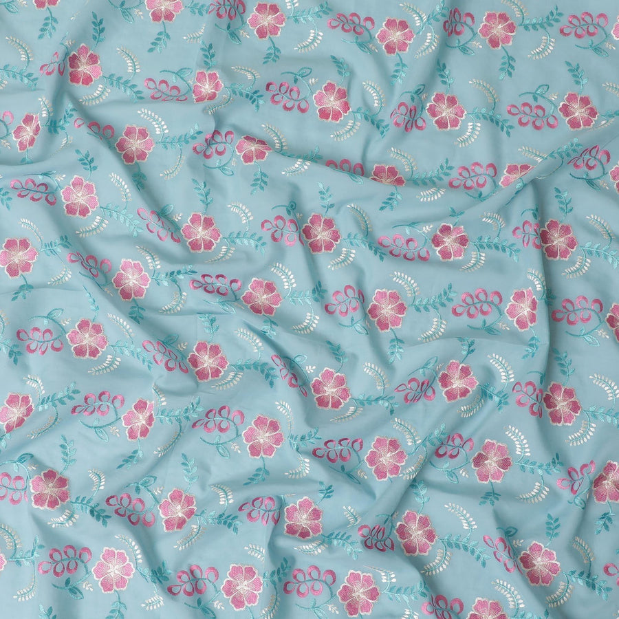 قماش فوال قطني أزرق تركي بنفس اللون وتطريز ذهبي وأرجواني وردي بتصميم زهور-D10571