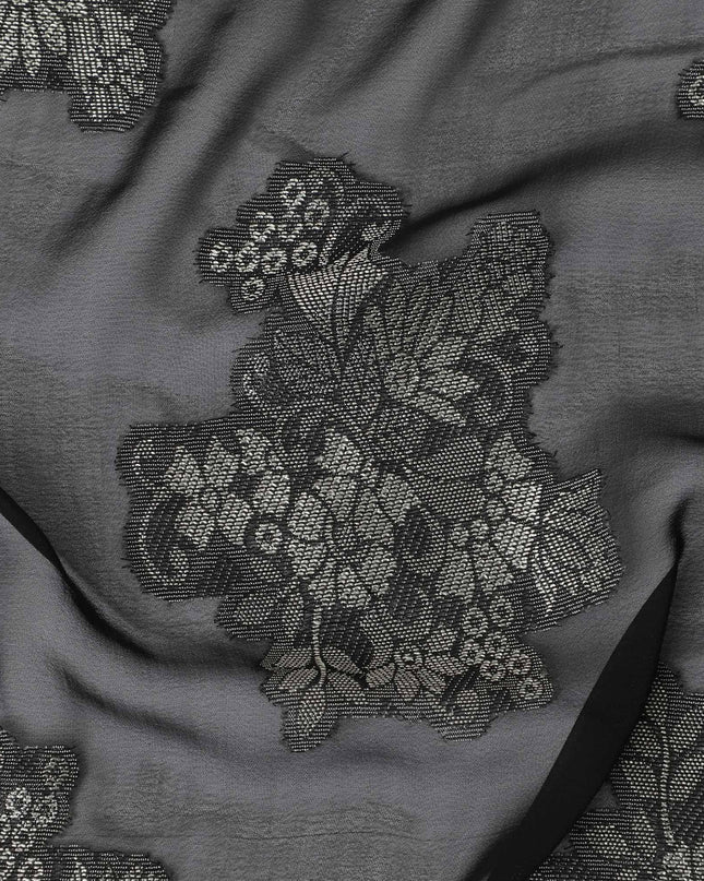 Black synthetic chiffon fabric with grey viscose and same tone metallic lurex in floral design-D11892