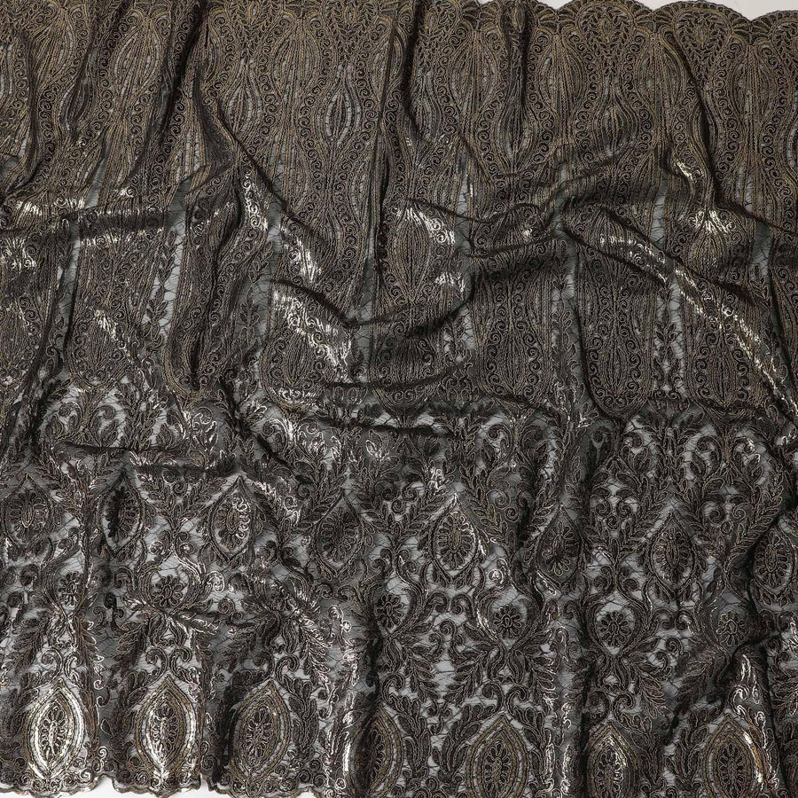 Black nylon tulle fabric with same tone, gold embroidery in fancy design-D6042