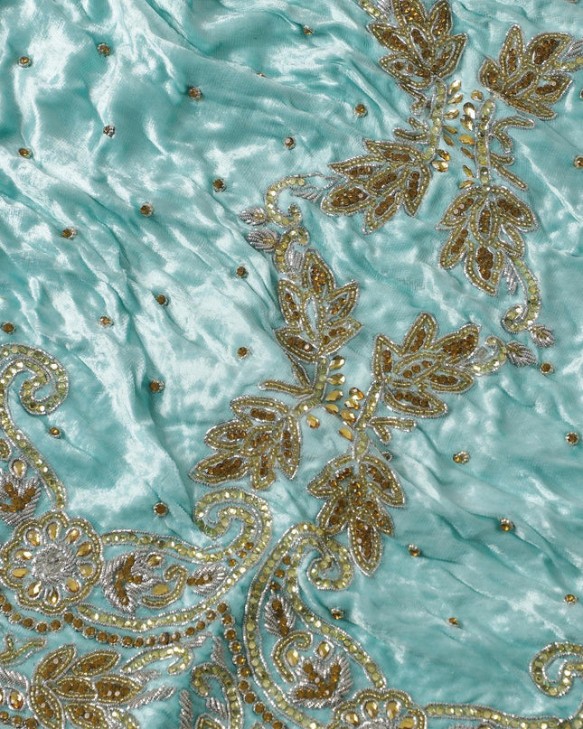 Arctic blue Rayon velvet fabric with metallic silver zardozi work, green , white and  orange stone work, green beads in fancy design