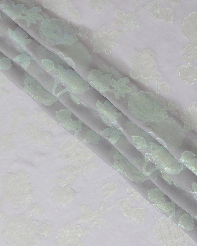قماش شيفون من الحرير الخالص باللون الرمادي السحابي بنفس اللون والوركس المعدني باللون الأخضر النيون بتصميم الأزهار-D13892