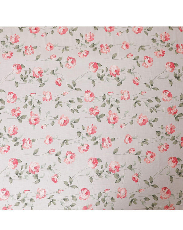 Light grey cotton lawn fabric with brick pink and sage green print in floral design-D9021