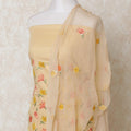 Beige blended cotton lawn fabric with multicolor embroidery in floral design-D12130