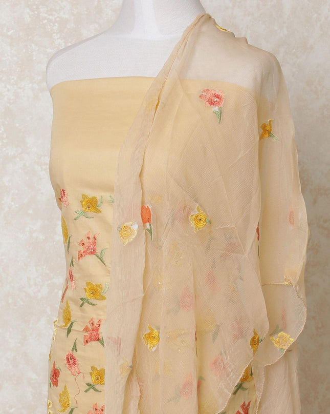 Beige blended cotton lawn fabric with multicolor embroidery in floral design-D12130