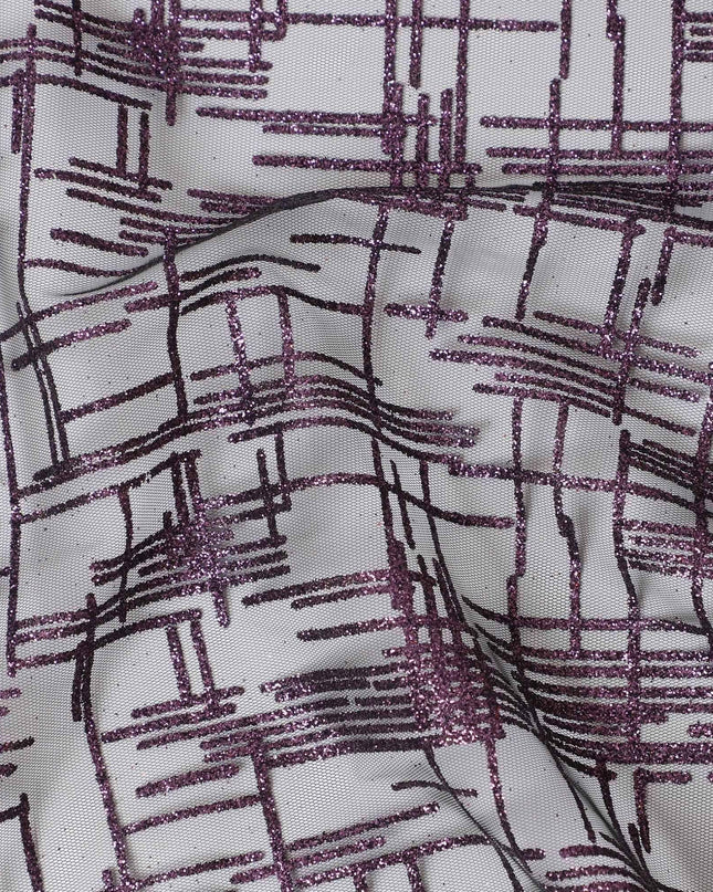 Black nylon tulle fabric with purple glitter in fancy design-D15401
