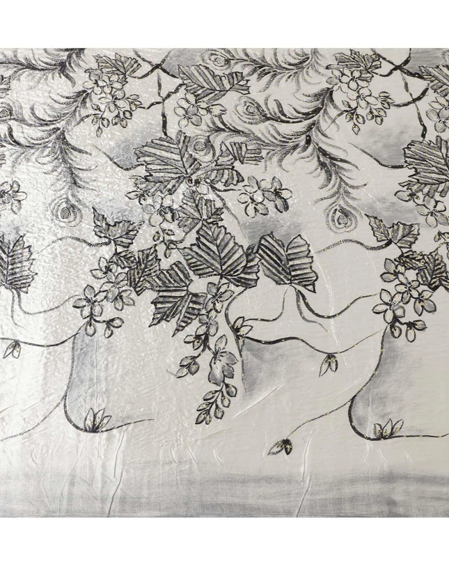 Macaroon Beige Rayon velvet fabric with charcoal grey print having green and silver stonework in leaf design Regal Fabrics