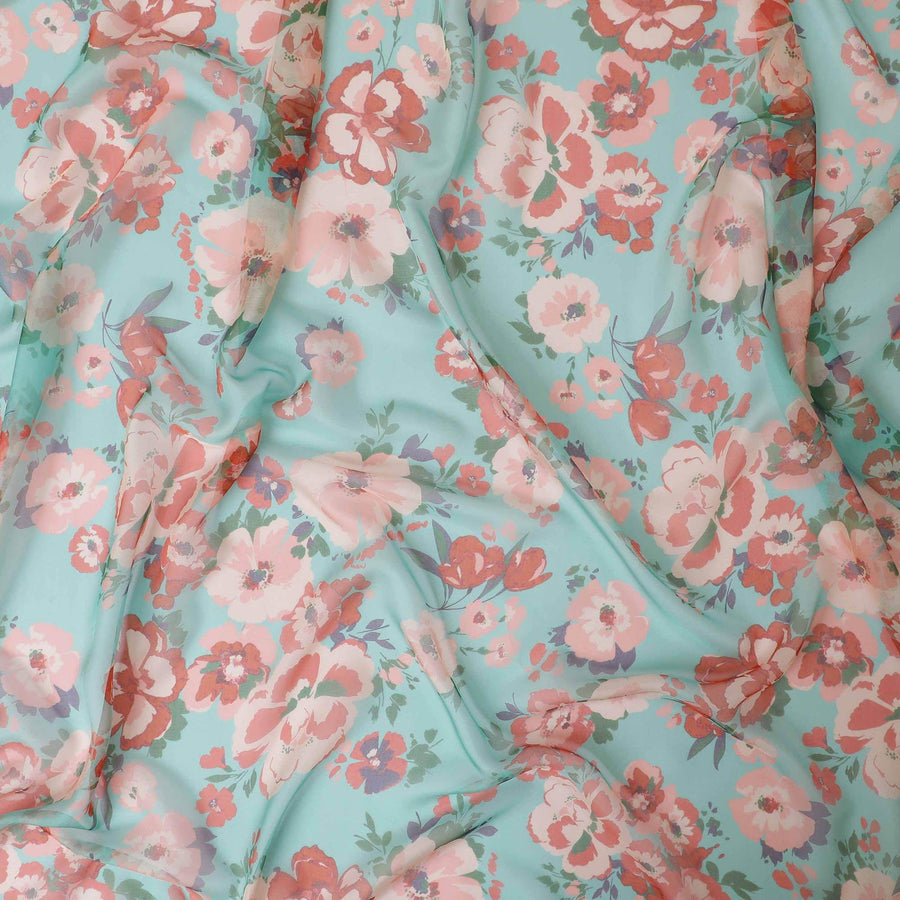 Turquoise green premium pure silk chiffon fabric with multicolor print in floral design-D13227