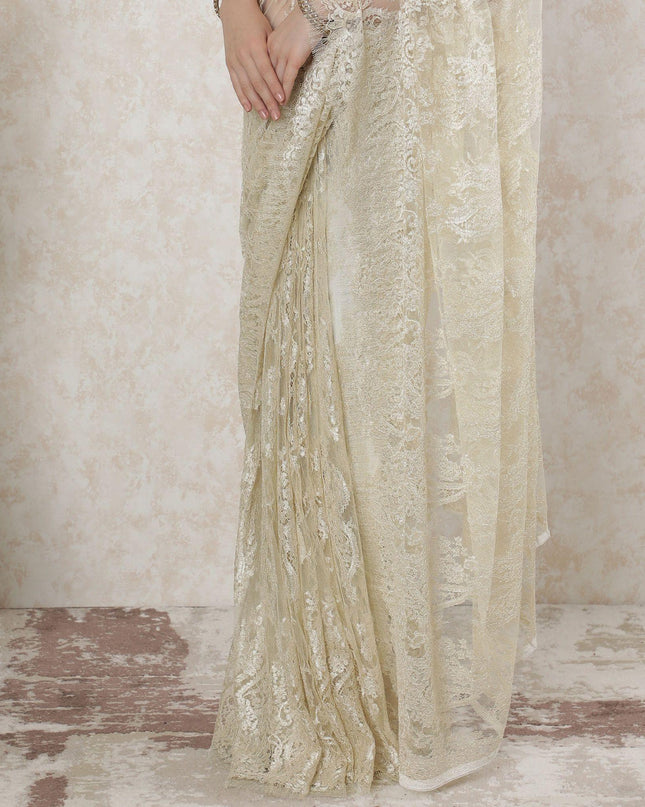 Light gold Premium pure French metallic lace saree in floral design-D14499