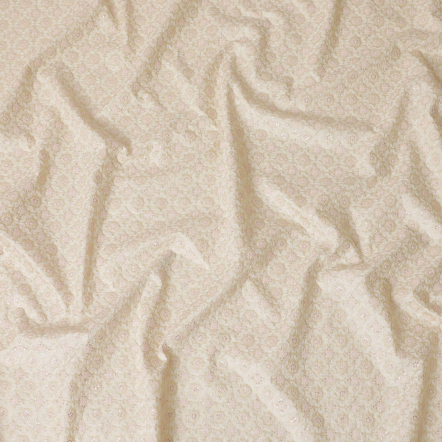 Light beige Premium pure tussar silk fabric with same tone, light pink embrodiery and sequins in floral design-D15445