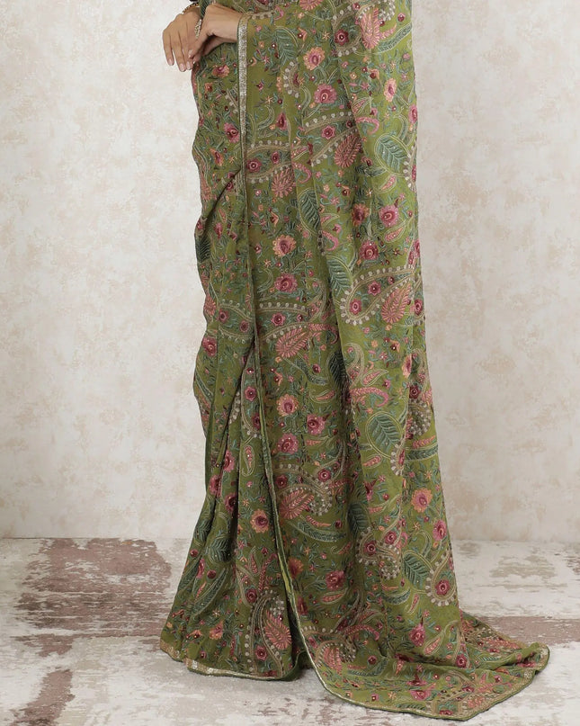 Olive green Premium pure silk georgette kashmiri work saree having multicolor embroidery and stone work in floral design-D13493 Regal Fabrics
