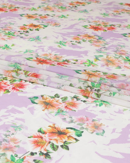 Off white Italian cotton voile fabric with Paris green, light lavender, carnation pink and black print in floral design-D6384 Regal Fabrics