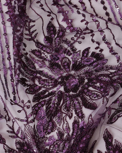 Dark Mauve purple nylon tulle fabric with same tone embroidery having sequins in fancy design -D6682