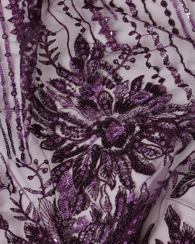 Dark Mauve purple nylon tulle fabric with same tone embroidery having sequins in fancy design -D6682 Regal Fabrics