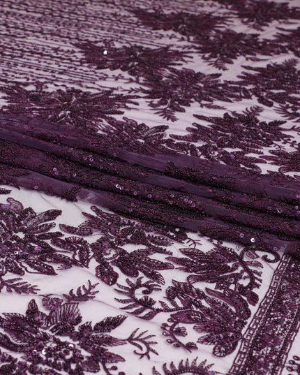 Dark Mauve purple nylon tulle fabric with same tone embroidery having sequins in fancy design -D6682