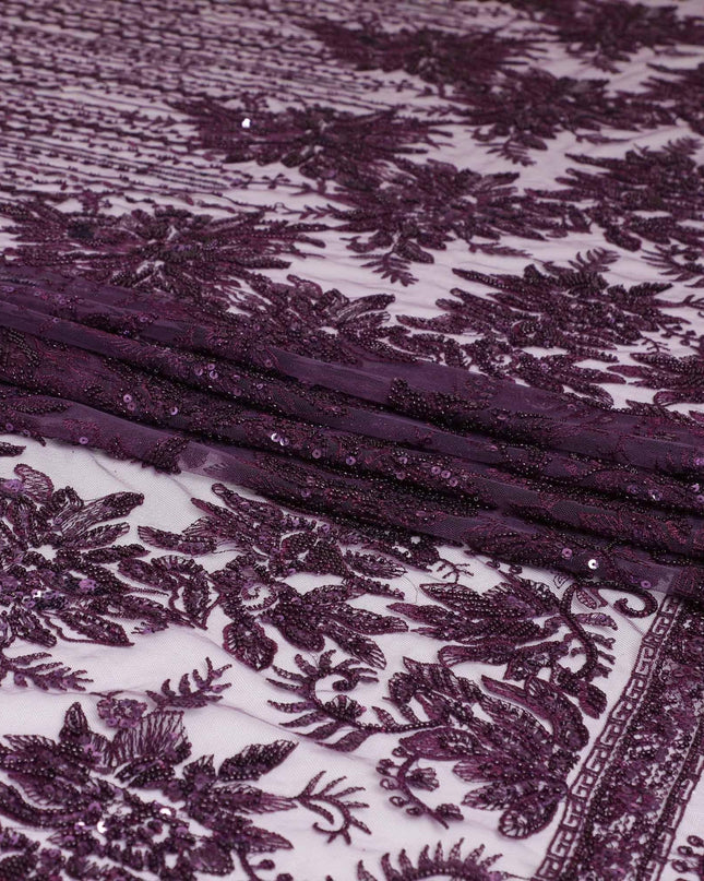 Dark Mauve purple nylon tulle fabric with same tone embroidery having sequins in fancy design -D6682 Regal Fabrics
