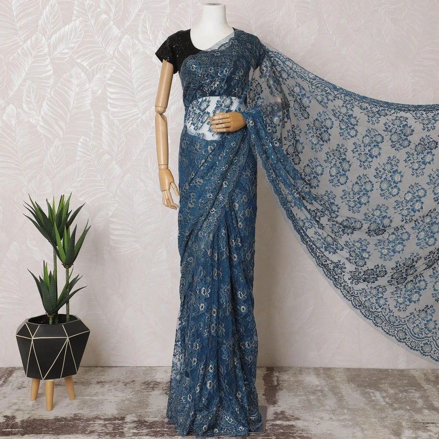 Steel blue, gold Premium pure French metallic chantilly lace saree in floral design-D15548 Regal Fabrics