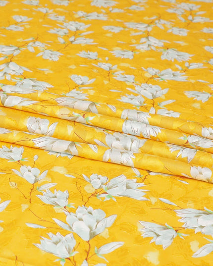 Tuscany yellow uragiri cotton voile fabric with same tone jacquard having rhino grey, brown and Paris green print in floral design-D7326 Regal Fabrics