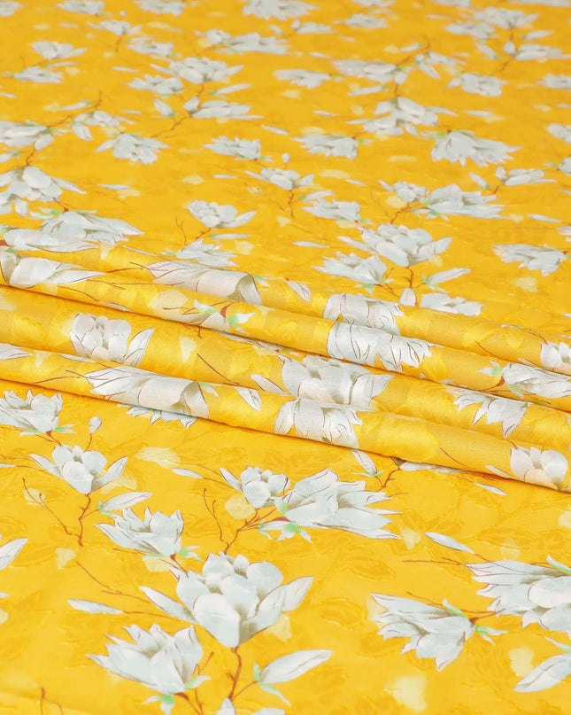 Tuscany yellow uragiri cotton voile fabric with same tone jacquard having rhino grey, brown and Paris green print in floral design-D7326 Regal Fabrics