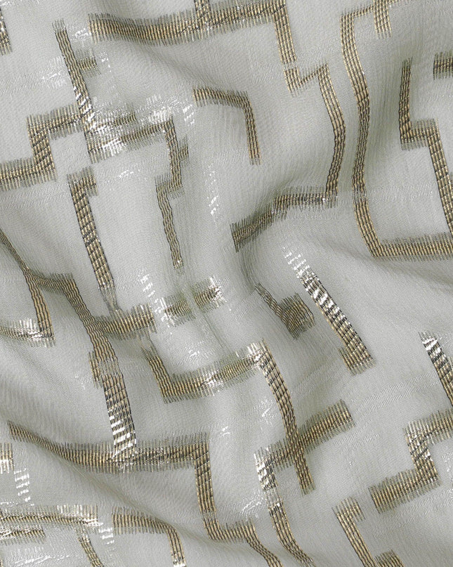 قماش شيفون حريري فرنسي (فرنساوي) فاخر باللون الأخضر الغار مع لوريكس معدني ذهبي بتصميم تجريدي-D14126