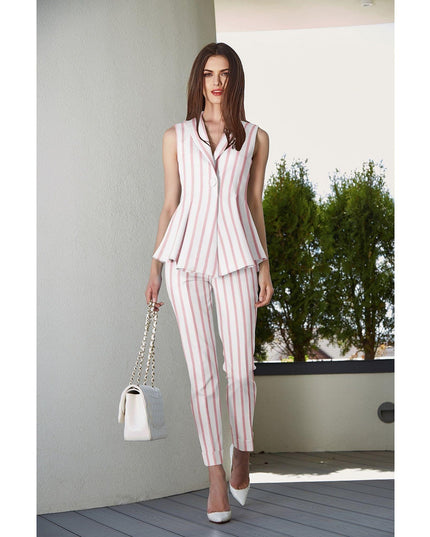 White cotton linen shirting fabric with peach print in stripe design-D7408