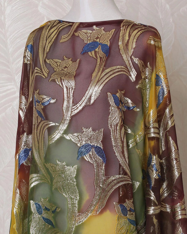 Multicolor Premium pure French (Fransawi) silk chiffon dirac fabric with hand print having gold and blue metallic lurex in floral design-D15615 Regal Fabrics