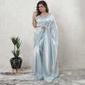 Powder blue plain Premium French lame Saree with silver foil finish-D9565