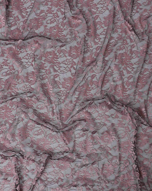 Black lace fabric with light pink embroidery in floral design-D13285