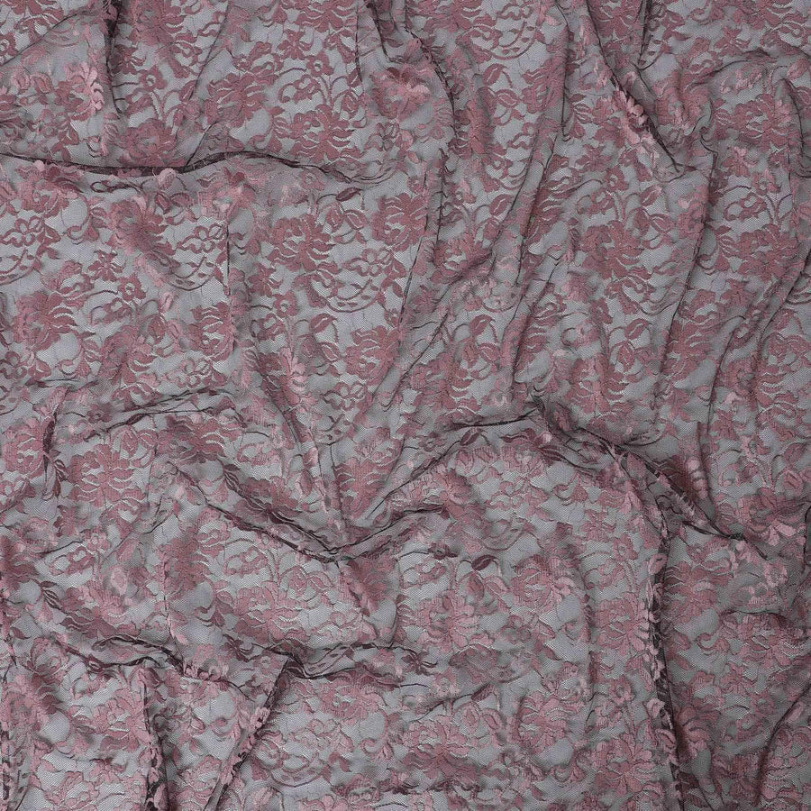 Black lace fabric with light pink embroidery in floral design-D13285