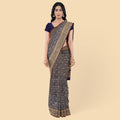 Navy blue imitation silk saree with gold jacquard in floral design-D12781