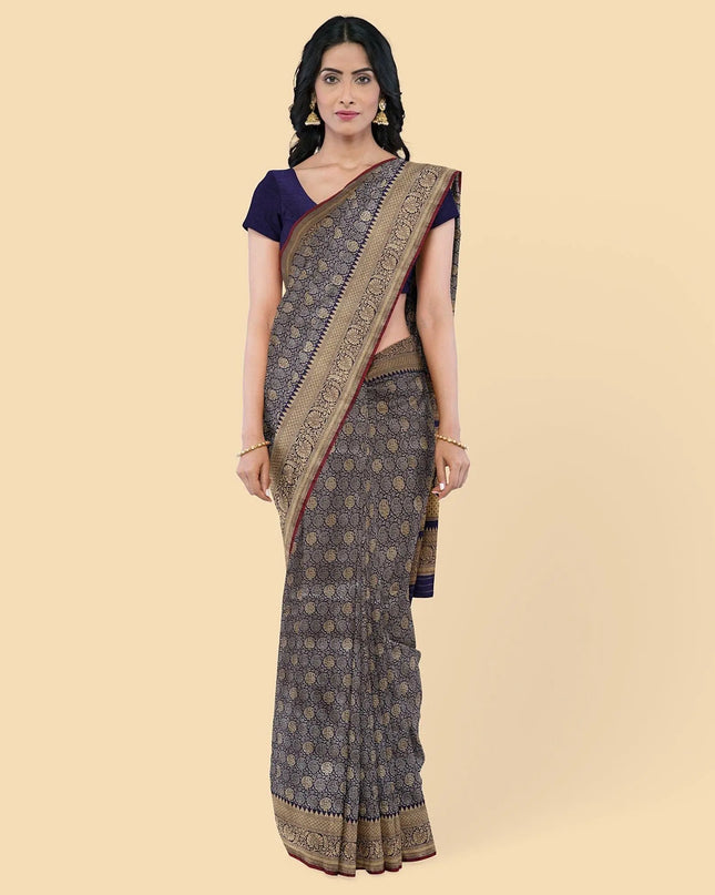 Navy blue imitation silk saree with gold jacquard in floral design-D12781 Regal Fabrics