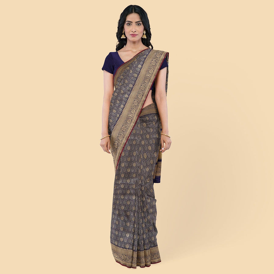Navy blue imitation silk saree with gold jacquard in floral design-D12781